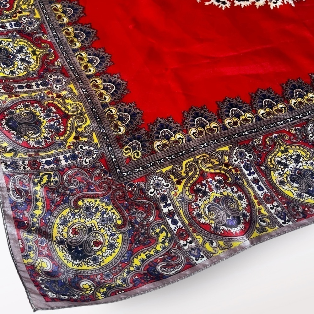 VTG 60s Queen Pearl by Yamashita Brand Acetate Silky Scarf Headscarf Paisley Red - Picture 11 of 14